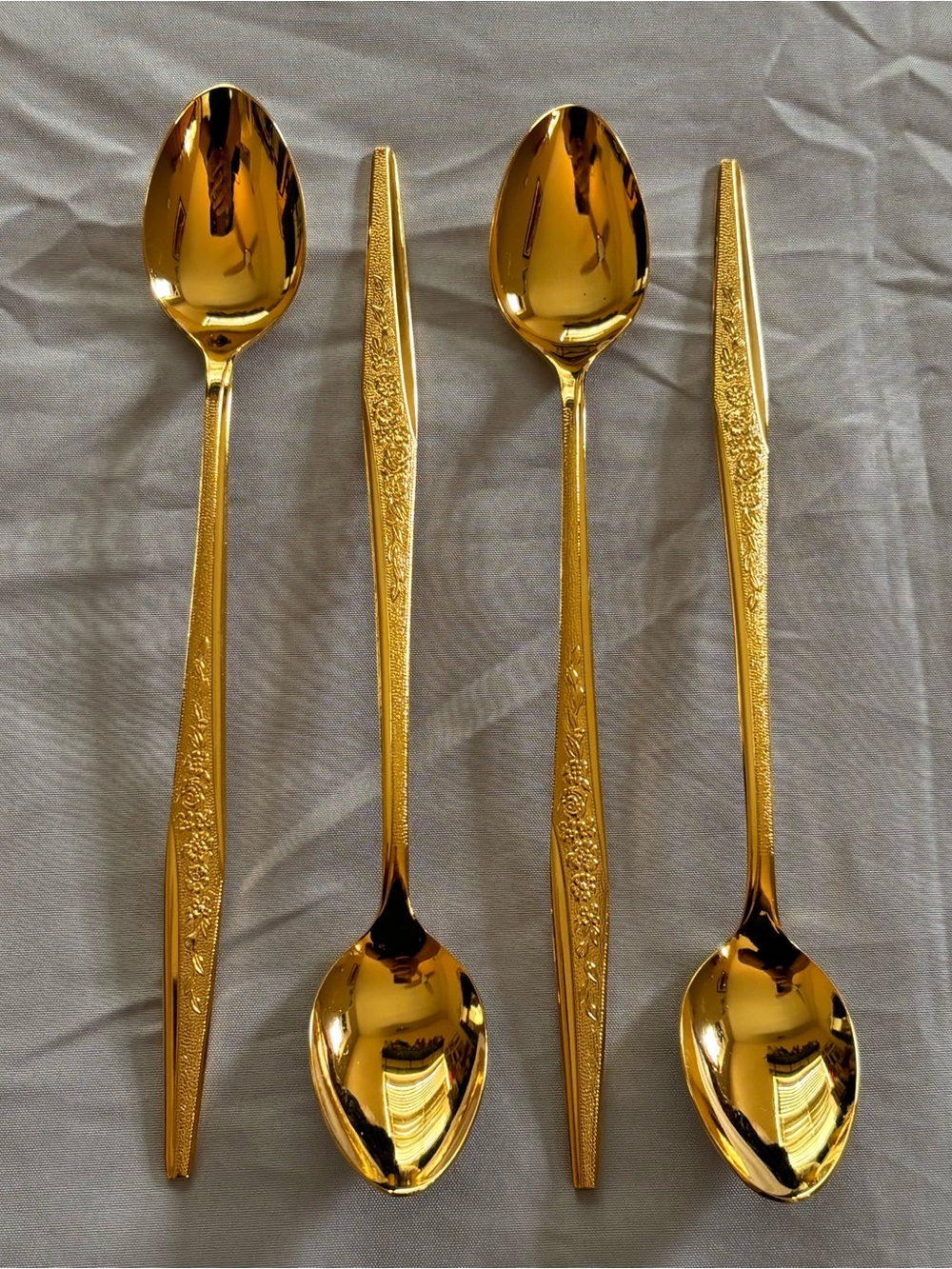 Golden Bouquet 4 Iced Tea Spoons Flatware Gold Electroplate Carlyle JH